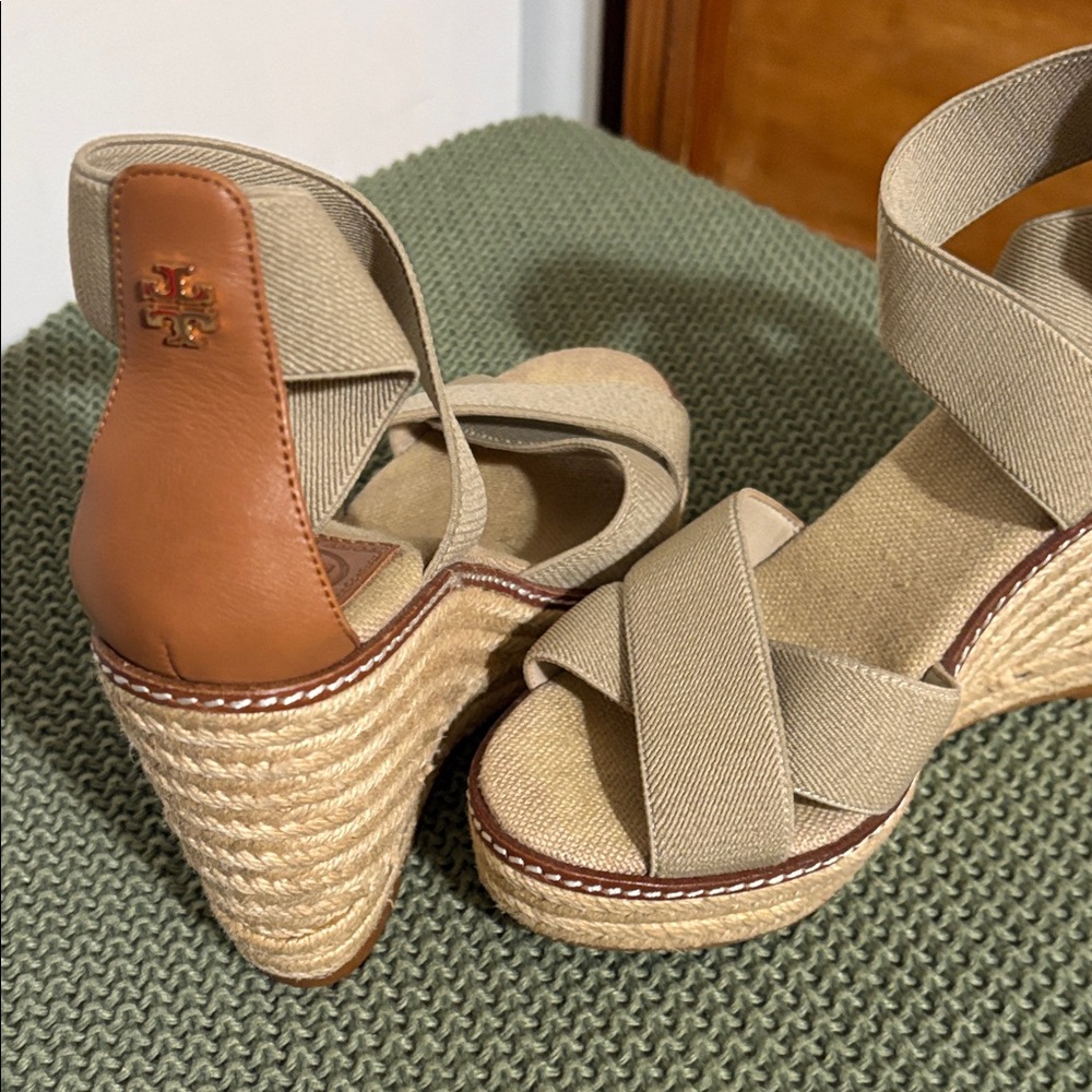 Tory Burch Neutral Canvas Crisscross Espadrille Wedges